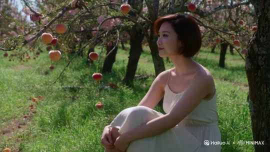 桃园里，短发美女静坐，起身摘桃，时而奔跑有桃树桃花，桃子 by Hailuo AI Video Generator