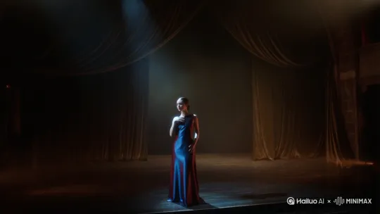 [左移,右摇,跟随]（主体）：一位身穿深蓝色或暗红色丝质长裙的女性，静立于一座古老剧院的舞台中央。她的长发盘起，但有几缕发丝垂下。她的头微微低下，眼睛轻闭，仿佛在聆听无声的音乐，一只手优雅地抬至胸前，身体呈现出一种微妙的、即将旋转的张力。
 （环境/氛围）:舞台是暗色的木质地板，背景是巨大的、垂下的深色天鹅绒幕布。空气中弥漫着一层可见的薄雾或尘埃（这个很重要，能增加神秘感），聚光灯的光束穿透薄雾，形成明显的光路（丁达尔效应）。舞台边缘和背景的角落里，有着无法看清的、深邃的阴影，暗示着空间的广阔与未知
（光影/色彩）:主体被一束冷色调的聚光灯照亮，裙子的丝绸材质反射出柔和的光泽。整体色调偏冷，以深蓝、黑色为主，只有女主角身上有一抹亮色。
（风格）: 真实感，超精细细节，神秘，悬疑，优雅，富有戏剧张力。 by Hailuo AI Video Generator