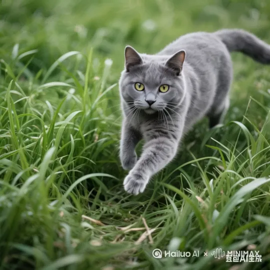 猫跑着跑着，忽然有一团火把草点燃了，草烧黑了，小描站在中间不知所措 by Hailuo AI Video Generator