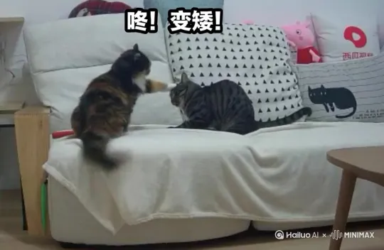 左侧的小猫用一只爪子上下摆动打右侧的小猫头部，右侧的小猫被打就蜷缩后退，反复循环，打中时冲击波效果，烟雾效果 by Hailuo AI Video Generator
