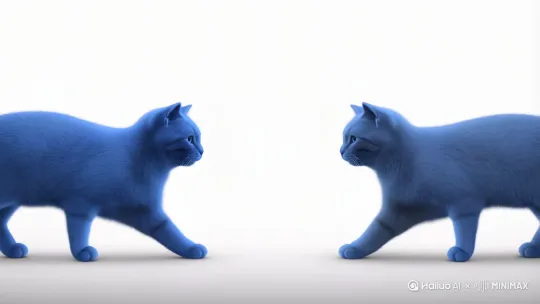 一只蓝色的猫和另一只蓝色的猫合在一起成了黄色的猫。黄色的猫和黄色的猫合在一起变成了绿色的猫。的猫和绿色的猫合在一起。变成了彩虹猫。 by Hailuo AI Video Generator