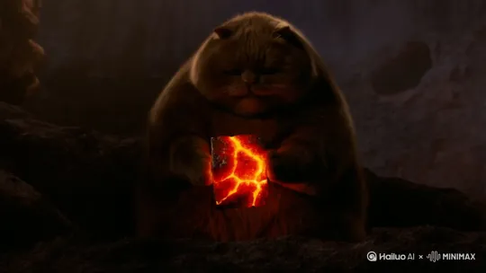一只大胖猫吃着岩浆块 by Hailuo AI Video Generator