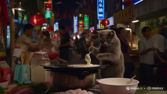 夏日热闹繁华的中国夜市，一只英短蓝猫站在摊位前忙碌、它在制作煎饼，超写实、逼真，手机拍摄 by Hailuo AI Video Generator