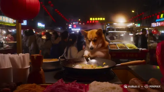 夏日热闹繁华的中国夜市，一只柯基犬站在摊位前忙碌、它在拿着炒勺炒饭，超写实、逼真，手机拍摄[变焦推进] by Hailuo AI Video Generator