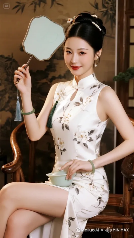 镜头环绕人物向左慢慢移动，同时人物慢慢放下左腿，正坐，人物始终保持微笑正对镜头[左移,右摇,跟随] by Hailuo AI Video Generator