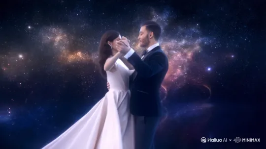 美女帅哥在浩瀚的宇宙跳舞，配一段浪漫的音乐 by Hailuo AI Video Generator