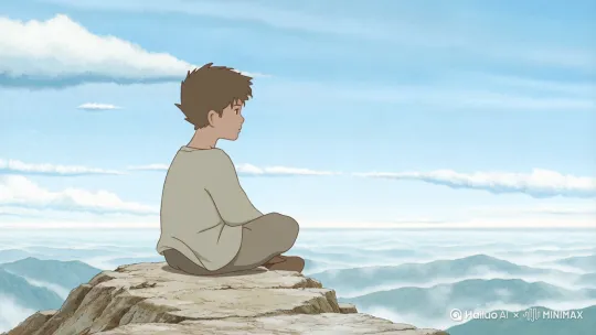 二次元，一个男生坐在山巅望着望着远处的风景，镜头从由远及近最后然后再过渡到远处的风景让画面更内容更加连贯且有故事感 by Hailuo AI Video Generator