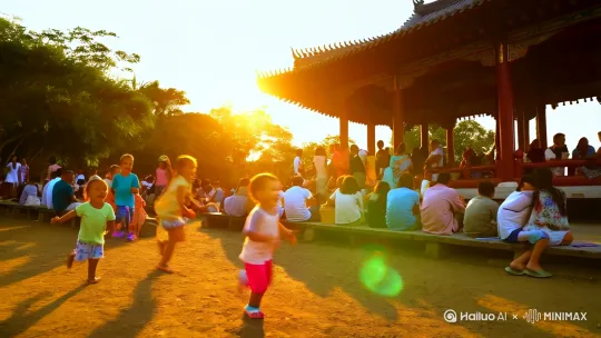 炎炎烈日下，人们围坐在凉亭里乘凉，小孩子们跑跑闹闹，欢乐一团。 by Hailuo AI Video Generator