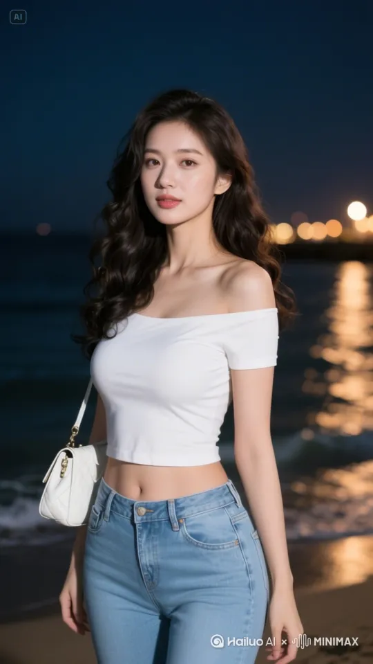 人物微笑的正对镜头放开双手顺时针旋转一圈，微风扶起秀发，海面波光粼粼 by Hailuo AI Video Generator