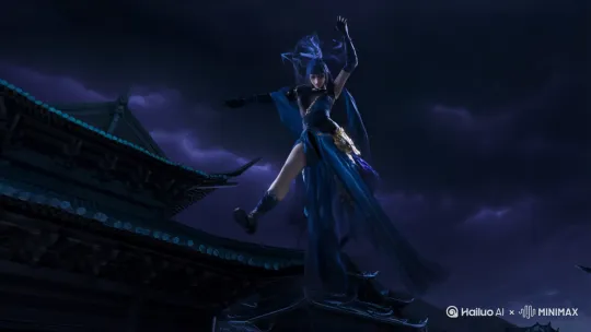 以原神角色——夜兰为原型,真人化夜兰。低角度仰拍,夜幕下的璃月古建筑屋顶,月光倾泻。夜兰从高空旋身跃下,深蓝色长发与衣摆如水流般涌动,落地时单膝触地,右手反握长弓插向地面,激起一圈水元素涟漪。起身瞬间甩弓展臂,弓身萦绕幽蓝水光,左手指尖凝聚三支破局矢,侧身拉满弓弦,箭矢迸发冰晶特效。后跳腾空释放「终焉之舞」,周身炸裂星渊状水波,水链如龙卷缠绕,发梢与眼瞳亮起鎏金光芒。足尖轻点屋檐边缘,长弓化为光粒消散,右手扯紧黑色手套,回眸时嘴角微扬,背景水雾凝结。
人物贴身黑鳞甲、深蓝渐变短袍、金色腰饰流动光效,肩部玄纱随风撕裂状飘动。水元素粒子如星河拖尾,地面残留潮湿水痕,月光反射冷冽高光。暴雨将至的暗紫色天空,远处雷鸣隐约,背景加入璃月飞檐剪影。 by Hailuo AI Video Generator