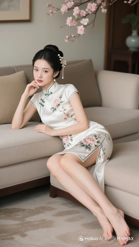 人物保持微笑慢慢端坐在沙发上俏皮可爱，镜头跟随人物左旋转[左移,右摇,跟随] by Hailuo AI Video Generator