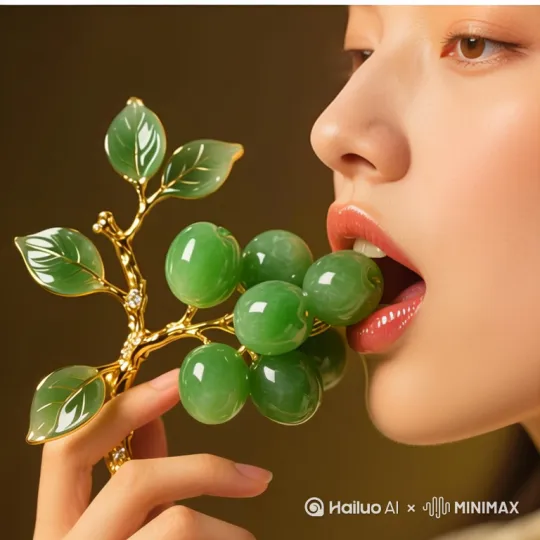 图片上的女生手里的翡翠送进张开的嘴里，有3颗翡翠被咬掉没了，有几粒绿色的不规则玻璃碎碴从嘴里掉落，大部分翡翠在嘴里在不断咀嚼，特写嘴部动作。 by Hailuo AI Video Generator