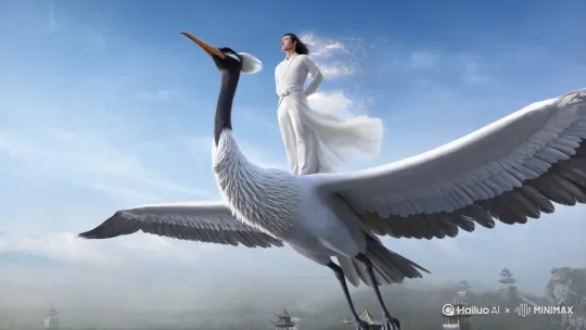 修仙世界高空，轻松氛围，身穿白色粒子光效的轻纱长袍的男修真者，发光轻纱长袍夸张地飘荡，及腰长发飘扬，丰神俊朗，一只20米长巨大的仙鹤在高空飞翔，仙鹤背上站着男修真者，背着手，仰望天空，远处地面隐约可见亭台楼阁，人物与所有景物完美融合，武侠大电影风格，玄幻，古朴，孤独，高清。 by Hailuo AI Video Generator