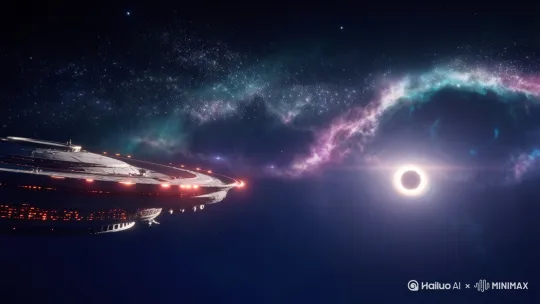 一艘名为西雅图大酒店的宇宙飞船缓缓穿越斑斓的星云，船体闪烁着红色与橙色光芒，逐渐靠近环绕着明亮光环的黑洞，深蓝色的太空中布满璀璨星辰，整体画面充满，神秘，壮丽的宇宙探索氛围。 by Hailuo AI Video Generator