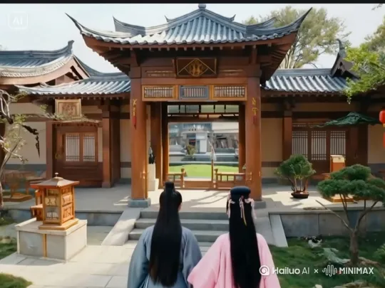 两人继续向前走，【镜头跟随】，两人走进前面的门，进入第二个大院，迎面而来一位丫鬟，穿着素雅，手里捧着一盘糕点，丫鬟在两人面前微微矮下身，然后直起身继续走，路过镜头，【镜头左环移】大院繁华景象，典雅气派的建筑，假山，鱼池，树木花草 by Hailuo AI Video Generator
