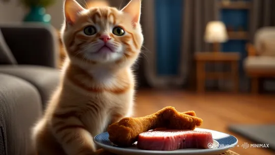小猫吃牛排和炸鸡腿 by Hailuo AI Video Generator