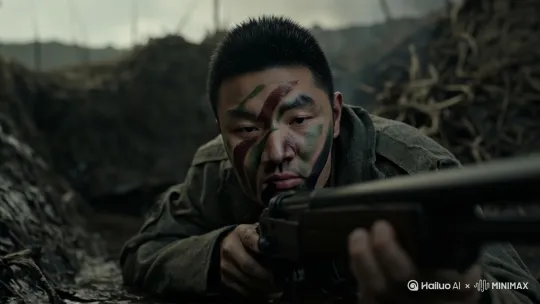 布满血痂的脸部特写突然睁开双眼[左移,推进,右摇]，喉咙滚动着压抑的呼吸。旁边坍塌的沙袋墙后躺着死去的士兵，主角站起来[推出,上升,下摇]显示其脚边倾倒的弹药箱和零散的子弹壳，远处硝烟中隐约传来敌军脚步声。主角扔下手中的步枪从身后掏出手雷往前冲锋和一群敌人近身战斗，最后和手雷一同爆炸 by Hailuo AI Video Generator