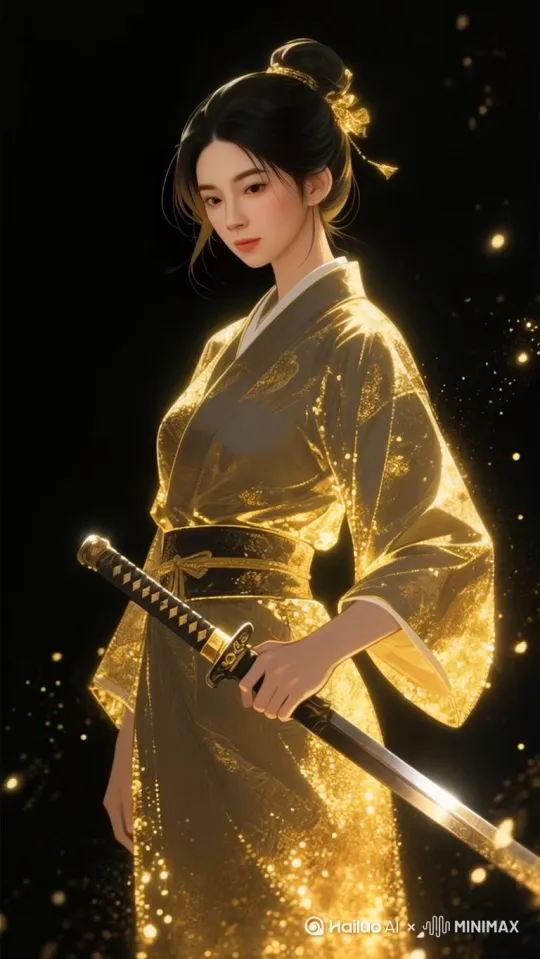 黑金夜幕下，她发髻高挽，金饰点缀，一袭鎏金和服熠熠生辉。手握长剑，身姿挺拔如松，似随时可划破静谧，以利落剑舞，书写飒爽侠骨，每一道光影流转，都是她意气风发的注脚 。 by Hailuo AI Video Generator