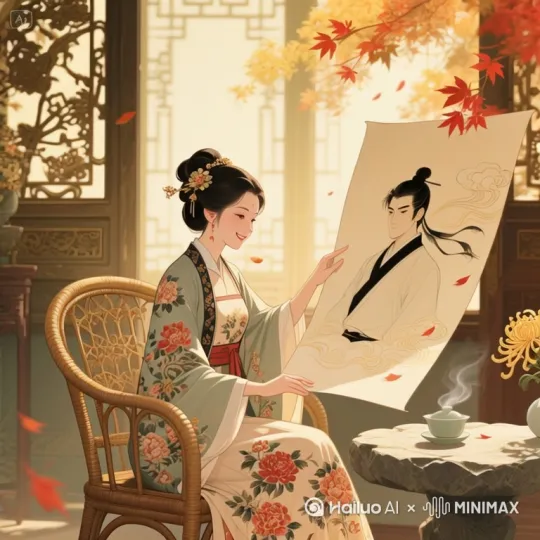 女子开心的专注看着手里的男子画像，窗外微风吹过 by Hailuo AI Video Generator