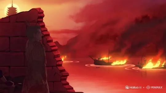 血红色调弥漫，战船残骸在瓯江燃烧。文天祥铠甲染血，于江心寺颓壁前挥毫题诗，笔锋如剑刻下“孤臣涕泪”四字（墨汁混入江水的特效）。突然，一滴泪落纸，幻化成南宋地图的裂纹。镜头切至寺外：东塔顶被炮火削去半截（呼应真实历史），但塔身倔强未倒。残阳中，文天祥的背影与断塔剪影重叠。动画风格 by Hailuo AI Video Generator
