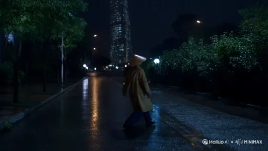 午夜，小雨，身披蓑衣，头戴斗笠行走在现代城市之中，昏暗的路灯下，他停下楼脚步，注视着前方不远处的摩天大楼。路灯一亮一暗，好像在警示着什么。 by Hailuo AI Video Generator