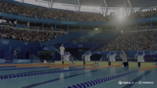 [跟随]A cinematic and thrilling video set during the Olympic Games, inside a packed aquatic stadium. Several sharks race against a human swimmer in separate lanes of the Olympic swimming pool. The human swimmer is surprisingly ahead of the sharks, accelerating powerfully toward the finish line. Water splashes dramatically as the swimmer dives in and races forward. The camera follows the action closely, like a live sports broadcast, using dynamic underwater and above-water shots. The atmosphere is intense, with cheering crowds, high-speed motion, and exciting close-ups. The lighting is bright, Olympic branding visible, and the pacing is fast and dramatic. Style: cinematic, thrilling, sports broadcast, high energy, surreal realism. by Hailuo AI Video Generator