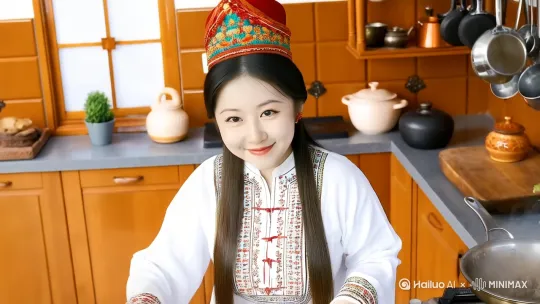 自家厨房只穿围裙趴在灶台做饭光脚 by Hailuo AI Video Generator