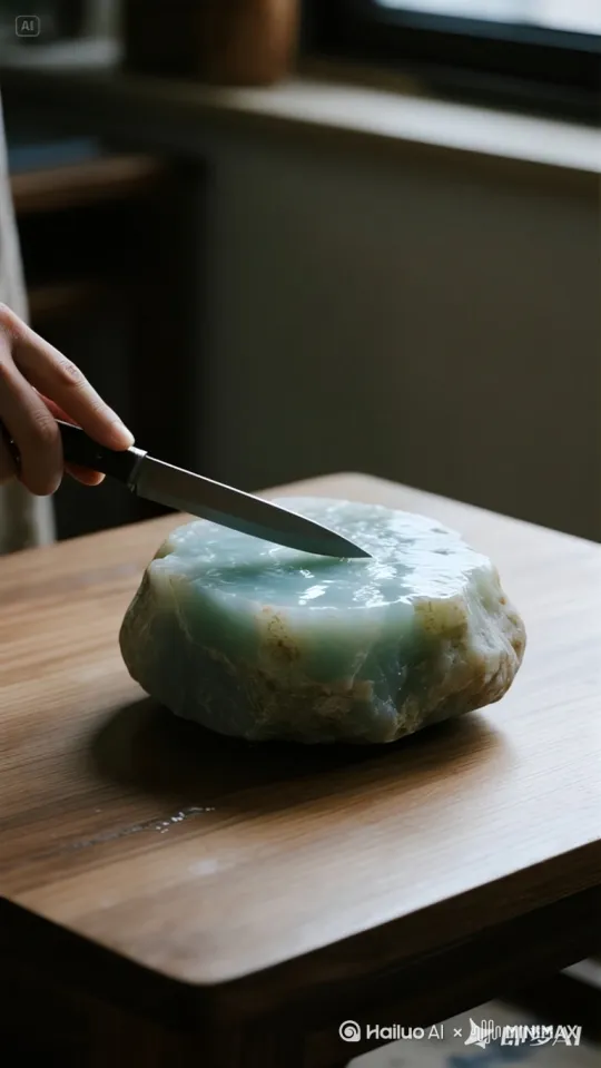 小刀缓缓切入玉石，玉石外表是坚硬的，小刀用力后才切入进去，刀锋沿纹路缓缓划开，内部是稍软的质地，切开后露出内部晶莹玉肉，最终完全切开。 by Hailuo AI Video Generator