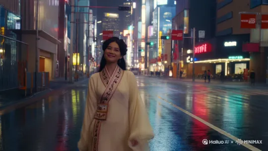 穿古风的美女在东京街头走路，天还下着雨，但她很开心 by Hailuo AI Video Generator