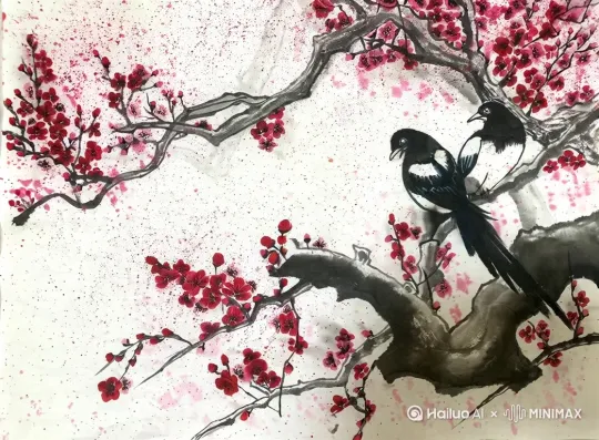 喜鹊动起来，梅花枝摆动 by Hailuo AI Video Generator