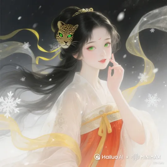 （镜头由远及近推近）低饱和度的暮色中，一袭唐代襦裙的少女自纷飞雪幕里浮现。她半透明的肌肤泛着珍珠般的光泽，发间银饰随动作轻晃，墨色长发如流云倾泻，几缕近乎透明的发丝被风掀起，掠过她泛着珊瑚色红晕的脸颊。（镜头环绕特写）那双幽绿瞳孔骤然聚焦，恰似暗夜中豹子的目光穿透屏幕，微张的唇瓣似要吐露私语。（镜头下移慢摇）垂落的绸带与裙摆上的金线刺绣在微光中若隐若现，飞扬的广袖裹挟着细碎冰晶，在冷调背景的衬托下，将少女瓷雕般的面庞衬得愈发鲜活。（镜头急速拉远定格）最后一帧，她转身回眸的刹那，雪花折射出星芒，让整幅画面定格在虚实交织的朦胧美感中。 by Hailuo AI Video Generator