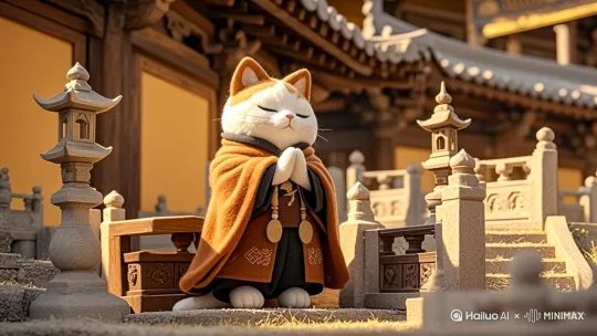 古寺月夜，飞檐悬残月。身披棕褐袈裟的猫咪僧人，站在青石板上。先让猫咪僧人快速睁眼，双掌合十猛地发力，瞬间分出 3 道残影（残影带淡金佛光），袈裟被气浪吹得炸开！镜头切仰角，猫咪僧人爪指天空，召唤一道 3 丈高的暖金光柱砸向地面，地面应声爆开金色光尘，周围石灯笼跟着轻晃、檐铃疯狂叮咚响。光柱消散后，猫咪僧人稳稳落地，袈裟一摆，甩落细碎金光，收尾定格超酷姿势！大片运镜 by Hailuo AI Video Generator