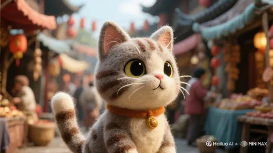 古风集市，毛毡小猫站定！1 秒：小猫瞳孔骤亮，爆射粉金光柱冲天，地面炸开环形光纹（带粒子火花）！2 秒：光柱包裹小猫，瞬间蜕变成美少女战士猫（毛毡质感 + 粉白战衣炸裂开片，背后丝带 “唰” 弹出飘带光 ）！3 秒：受伤长枪（糖葫芦变形，裂纹流紫电 ）浮现手中，猛甩枪尖，扫出超宽橙红月牙光刃，光刃切过空气带拖影，把旁边灯笼直接劈成发光碎片（碎片悬浮闪光 ）！4 - 6 秒：美少女猫持枪转身，战衣光纹流转，身后光刃余韵化作星尘簌簌下落，定格眼神超杀特写！大片运镜 by Hailuo AI Video Generator