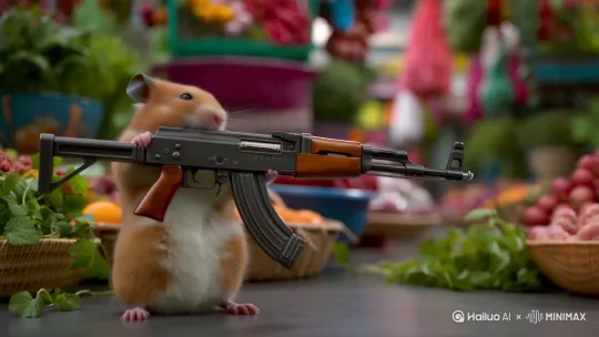 仓鼠在集市上拿着ak47扫射 by Hailuo AI Video Generator