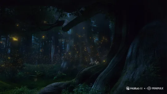 夏季的夜晚，森林成了小动物的乐园，萤火虫打着灯笼在捉迷藏 by Hailuo AI Video Generator
