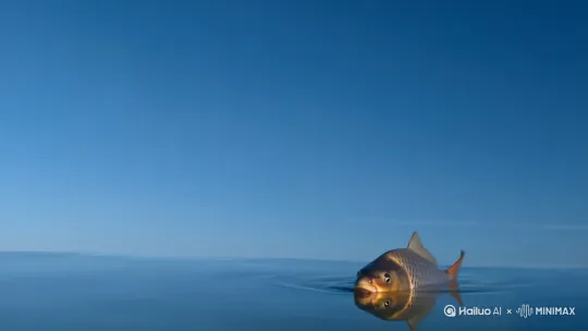一个公园里，天空明朗，湖水清澈。湖面上有一条鲤鱼在同一个地方徘徊，甚至还探出脑袋，似乎在观察什么。9：16比例，写真风格。 by Hailuo AI Video Generator