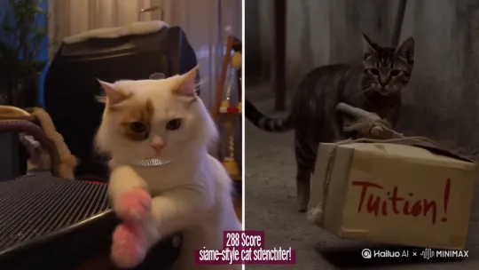 以下是用猫咪形象重构的短视频方案《288分喵星人VS扁担猫：流量照妖镜》，将社会事件转化为猫星寓言，保留核心冲突与反思：
---
### **喵化短视频策划案**  
**标题**：当288分喵皇遇上扁担猫：小鱼干世界的照妖镜  
**形式**：喵星社会观察动画+实拍猫片混剪  
**时长**：5分钟  
**核心隐喻**：  
- 网红家庭 → 赛级布偶猫家族  
- 扁担女孩 → 流浪狸花猫  
- 高考分数 → 猫粮考核试  

---

### **一、喵版故事脚本**  
**世界观设定**：  
> 猫星每年举办“皇家猫粮考核试”，合格者获顶级小鱼干  

**双线叙事**：  
```mermaid
graph TB
A[布偶喵288分] --直播打滚求投喂--> C[猫罐头暴富]
B[狸花扁担猫] --默默抓老鼠--> D[攒存粮上大学]
C --> E[猫官媒删帖]
D --> F[全网猫送粮]
```

**高潮场景**：  
> 分屏对比：  
> 左屏：布偶猫戴钻石项圈直播“288分同款猫抓板！”  
> 右屏：狸花猫用树枝扁担拖快递盒（盒上写“学费”）  
[右移,左摇,跟随]
---

### **二、喵物设计**  
| 角色                | 猫种/造型                     | 性格设定               | 关键道具             |
|---------------------|-------------------------------|------------------------|----------------------|
| **布偶喵皇族**      | 赛级布偶猫（染粉爪）          | 傲娇戏精               | 镶钻直播手机架       |
| **扁担狸花**        | 中华田园狸花猫（左耳缺角）    | 沉默坚韧               | 微型扁担+麻绳包袱   |
| **猫官媒**          | 英国短毛猫（戴金丝眼镜）      | 跟风墙头草             | 橡皮图章             |
| **解说鸦**          | 动画乌鸦（客串画外音）        | 犀利吐槽               | 数据平板             |
[推进,上升]
---

### **三、喵镜脚本（关键帧）**  
> **序：撕裂的喵圈（0:00-1:00）**  
- 实拍混剪：  
  - 布偶妈舔288分布偶崽（慢镜头猫舌特写）→ 猫爪按下直播键（“喵喵购”弹窗）  
  - 猫官媒转发配文：“分数有高低，喵生无贵贱！” → 弹幕墙：“影后！”“卖崽剧本！”  
[推出,上升,下摇]
> **真相篇：楚门喵世界（1:01-2:20）**  
1. **猫设崩塌**：  
   - 爪印档案展开：  
     - #去年中考剧本#：布偶崽假哭视频（眼药水特写）  
     - 新账号“288分本喵”探店：豪华猫罐头上打钩  
   - 老狸花猫博主怒嚎：“别侮辱努力喵！”（拍碎老鼠模型）  
[右移,跟随]

2. **摆烂实锤**：  
   - 猫粮考核卷动画：  
     ```diff
     - 捕鼠实操24/120（睡在鼠洞前）
     - 爬树测试38分（抓破窗帘代替）
     ```  

> **对比篇：扁担上的尊严（2:21-3:50）**  
- **蒙太奇对比**：  
  | 布偶家族                  | 扁担狸花                  |
  | 美容灯下舔毛直播          | 暴雨中拖扁担过水坑       |
  | “分数不重要”猫牌          | 叼破毛巾擦餐馆地板       |
  | 打赏鱼干堆成山（特效）    | 藏粮罐多出3粒猫粮（特写）|  

- **声音设计**：  
  - 左声道：直播叮当音效  
  - 右声道：扁担吱呀声+暴雨声  

> **反思篇：谁喂饱集体幻觉？（3:51-4:40）**  
1. **官媒失格**：  
   - 短毛猫主编爪忙脚乱删帖（纸媒被碎纸机吞没）  
   - 乌鸦吐槽：“白卷英雄喵版？2025还玩这套！”  

2. **信仰危机**：  
   - 猫抓板浮现警句：  
     ``` 
     寒窗抓鼠 ×  
     演技致富 ✓  
     ```  
   - 特写：练习用老鼠玩具被踢进垃圾桶 by Hailuo AI Video Generator