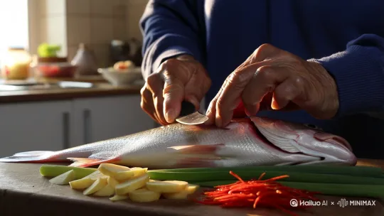 分镜头1:食材准备(特写镜头)
画面:清晨的阳光透过厨房窗户,案板上一条银光闪闪的新鲜鲈鱼(鱼鳃鲜红特写),旁边摆放着嫩黄的姜片、翠绿的葱段和鲜红的辣椒丝。一双布满皱纹但干净利落的手正在用刀背刮除鱼鳞。
字幕:"选鱼要选眼亮鳃红的才新鲜!"
音效:清脆的刮鳞声
风格提示:
1. 采用自然光拍摄,突出食材新鲜度
2. 老人手部动作要流畅专业,展现厨艺 by Hailuo AI Video Generator