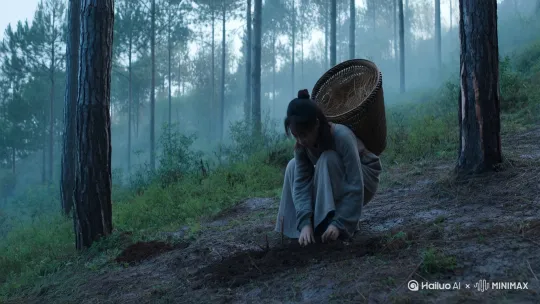 风格古朴，装束为古风
    场景：清晨薄雾笼罩的松林山坡，泥土湿润。
    画面：小荷背着竹篓，手持小锄头，在林间松树下仔细寻找药材。她小心地用锄头挖掘，避免损伤。
    动作： 挖掘、清理泥土、检查药材品质将挖出的药材放入垫着松针的竹篓。
    氛围： 宁静、专注、发现宝藏的喜悦，鸟鸣山幽。
要求镜头由远及近，给挖中药的局部特写 by Hailuo AI Video Generator