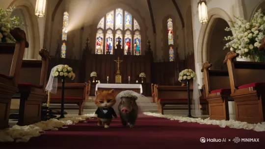 一一天橘猫在路上正散步，突然发现一个受伤的小野猪，橘猫把小野猪带回家疗伤，日复一日产生了感情。彼此都离不开谁。他们违背了道德的底线，决定结婚。走上婚姻的殿堂。 by Hailuo AI Video Generator