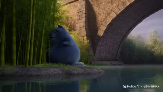 一只蓝色的胖猫被潭里的竹子逼着跳进了一个大桥下的湖里，蓝色的胖猫眼神带着泪光 by Hailuo AI Video Generator