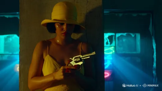 Cinematic medium shot, Dutch angle: A woman in a **vibrant yellow spaghetti-strap dress and tilted cloche hat** clenches a vintage Colt revolver with both hands. Sweat glistens on her face as shadows from the hat's brim obscure her eyes. Pressed against a cracked concrete wall, her silhouette is backlit by flickering neon signs through broken windows. Dust motes dance in murky blue light beams. Steadicam follows her low-angle POV: boots stepping over shattered glass, shadows stretching like claws. Extreme close-up on her **hat-adjusting hand sliding to reload bullets**, brass casings dropping in slow-motion. Dark teal and mustard yellow color grading, 35mm film grain, hyper-detailed fabric textures. Directed by atomic blonde style action. by Hailuo AI Video Generator