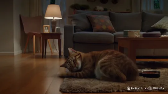 傍晚，家里的猫吃了东西后睡着了，一阵鼾声后，发生了不可思议的一幕，猫正在变成迅猛龙 by Hailuo AI Video Generator