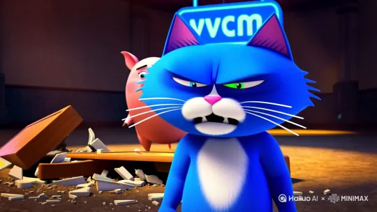 给我生成一只猫，他砸了桌子在嘴里说我去你大爸的又是密码的，周一我最讨厌你了，赶紧有多远滚多远，旁边站着一只猪双脚站立只猪在哭，他举的牌子是猫，那只蓝色的猫是蓝色的牌子上面vvcm by Hailuo AI Video Generator