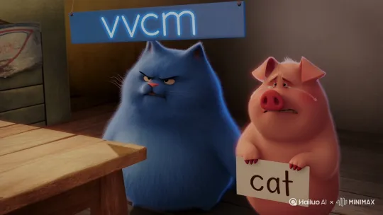 给我生成一只猫，他砸了桌子在嘴里说我去你大爸的又是密码的，周一我最讨厌你了，赶紧有多远滚多远，旁边站着一只猪双脚站立只猪在哭，他举的牌子是猫，那只蓝色的猫是蓝色的牌子上面vvcm by Hailuo AI Video Generator