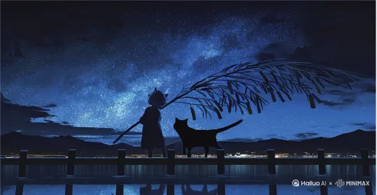 从右往左移镜，女孩和小猫走起来。人物动背景也变换。小猫活泼一点，小猫蹦跳一点。小女孩和她拿的竹竿。的转向幅度不要太大，可以偏转头部。水面下的倒影也要变动。制作13秒左右。 by Hailuo AI Video Generator