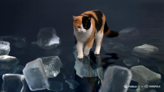 一只三花猫站在水面上，从猫的中心泛起带金边波澜，波兰以彩色向外扩散，慢动作，梦幻，水下许多半透明冰块，冰块缓慢向上浮起 by Hailuo AI Video Generator