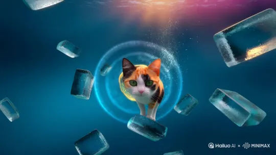 一只三花猫站在水面上，从猫的中心泛起带金边波澜，波兰以彩色向外扩散，慢动作，梦幻，水下许多半透明冰块，冰块缓慢向上浮起 by Hailuo AI Video Generator