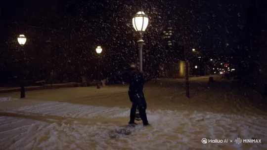[左移,推进,右摇]在深夜城市的街道上，天空中飘着鹅毛大雪，一个身穿黑色衣服，双手展开的年轻男子，借住身边路灯，望天转圈，陶醉的享受着着美好的属于他一个人的时刻 by Hailuo AI Video Generator