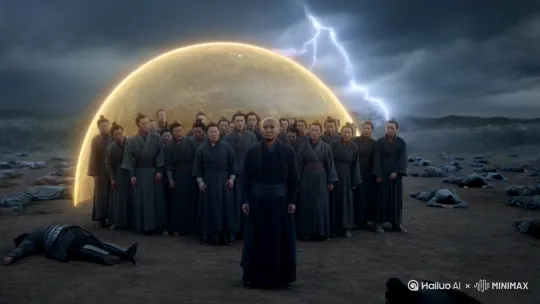 中年男子望着自己的族人被雷劫吞噬，也终于放弃了！ 
“啊…………” 
一声怒吼，中年男子整个人都燃烧了起来。 
“族长……” 
在陈平金色护盾之下的数十名修士，看到这一幕之后，全都痛哭起来！ by Hailuo AI Video Generator